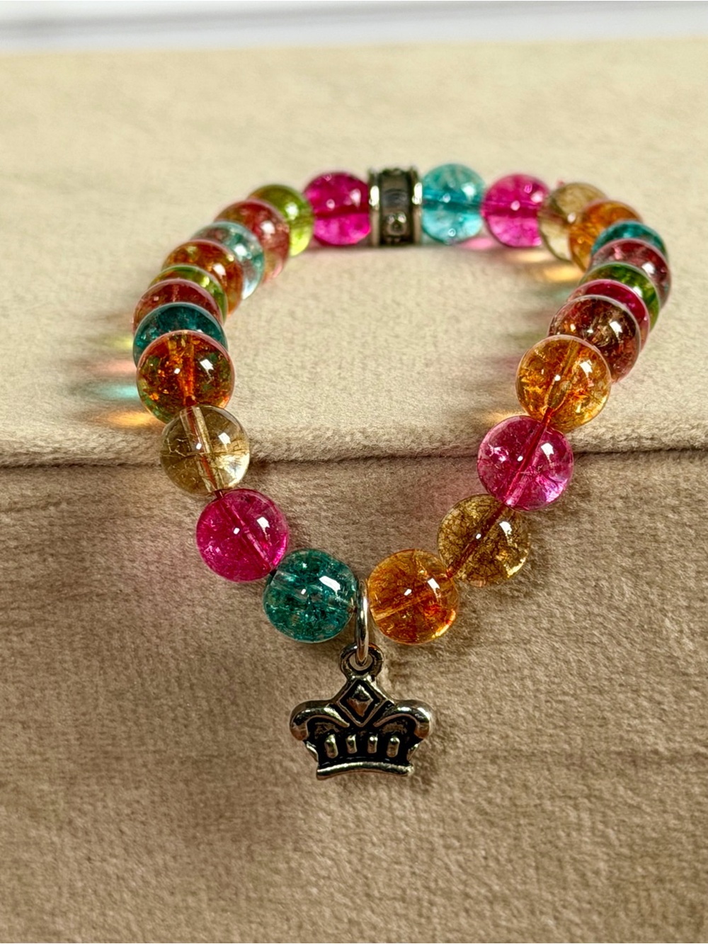 Colorful Multicolor Beaded Stretch Bracelet w/ Crown Charm